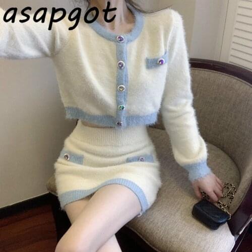 Chic Fashion Gentle O Neck Knit Cardigan Long Sleeve Single-breasted Contrast Sweaters Short Mini Skirt White Two Piece Set
