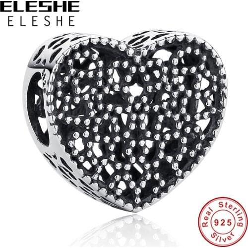 ELESHE Real 100% 925 Sterling Silver Romantic Openwork Heart Bead For Women fit Original Charm Bracelets DIY Jewelry