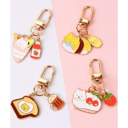 1 Pcs Kawaii Bread Ice Cream Strawberry Fish Cat Enamel Keychains Charm for Bag Car Women Girls Pendant Keyring Figure Toys Gift