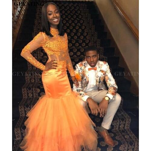 African Black Girls Sheer Orange Mermaid Prom Dresses 2019 O Neck Long Sleeve Appliques Lace Women Evening Party Gowns Wear