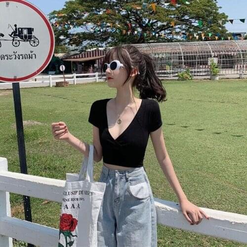 Deep V-neck Skinny Short Half Sleeve T-shirt Lady Sexy Low Neckline Sexy High Waist Navel Slim Short-Sleeved Tops Summer