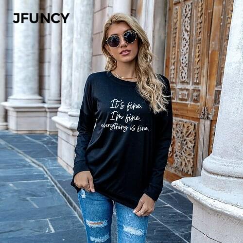 JFUNCY Creative Letters Print Long Sleeve T Shirt Women Autumn Loose Tee Shirts Female Tops Plus Size Woman T-shirt