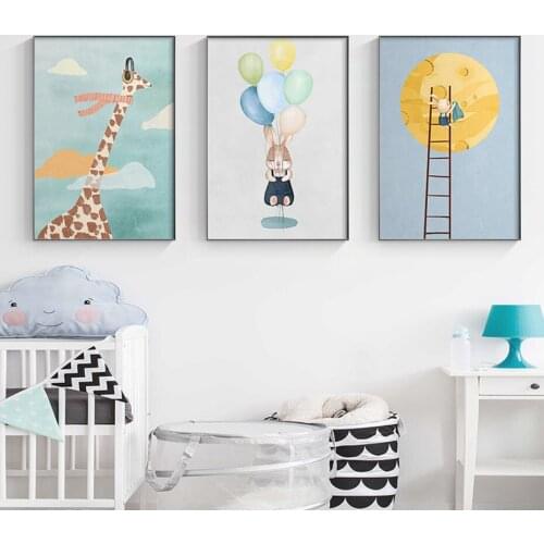 Cartoon Giraffe Canvas Painting Wall Art for Baby Bedroom Poster and Prints Decor Cute Moon Balloon Pictures for Nursery Room