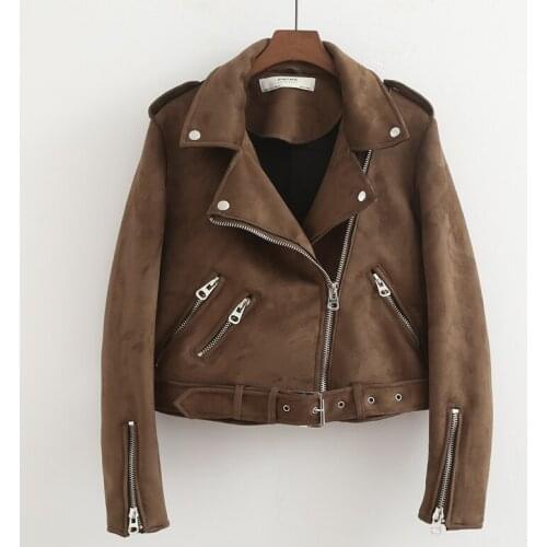 FMFSSOM 2021 Autumn Faux Suede Jacket Women High Street Motorcycle Leather Quality Jacket Brown Biker Jacket Slim White PU Coat