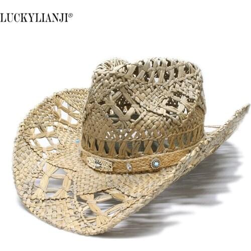 LUCKYLIANJI Womens Mens Unisexs Vintage Wide Brim Straw Sun Beach Cowboy Cowgirl Western Hat Scorpion Turquoise Band (58cm)
