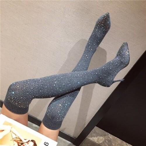 2021 NEW fashion crystal womens high shaft boots pointed toe over the knee stretch knitting sock boots high heels shoes black