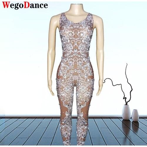 New Sleeveless Round Neck Sexy Rhinestone Mesh See-Through Women Jumpsuits Office Lady Fashion Clothes