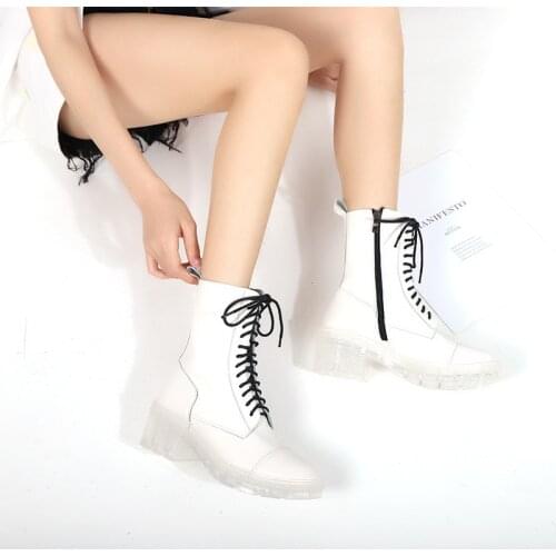 For New winter 2020 boots all-match high-top white lace transparent bottom thick heel Martin womens boots