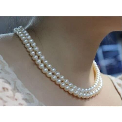 2 rows round 8-9mm freshwater white round pearl necklace 18"19"925s