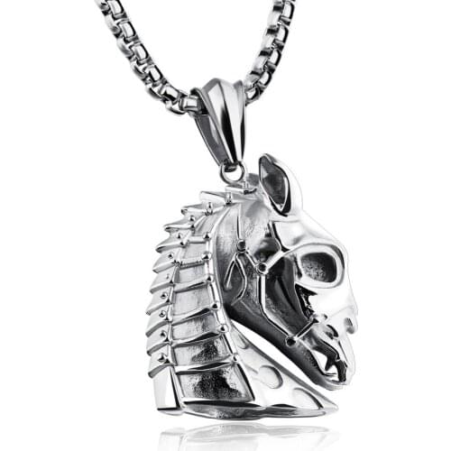 Punk Animal Stainless Steel Silver Color And Black Heavy Horse Head Pendant Necklace Mens Biker Jewelry Box Chain Wholesale Gift