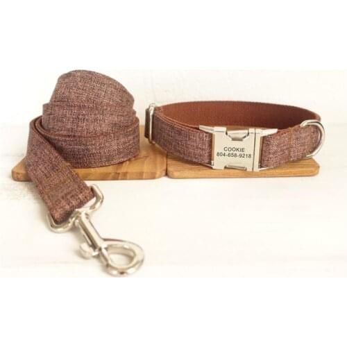 Personalized Pet Collar Customized Nameplate ID Tag Adjustable Linen Fiber Brown Suit Cat Dog Collars Lead Leash Set