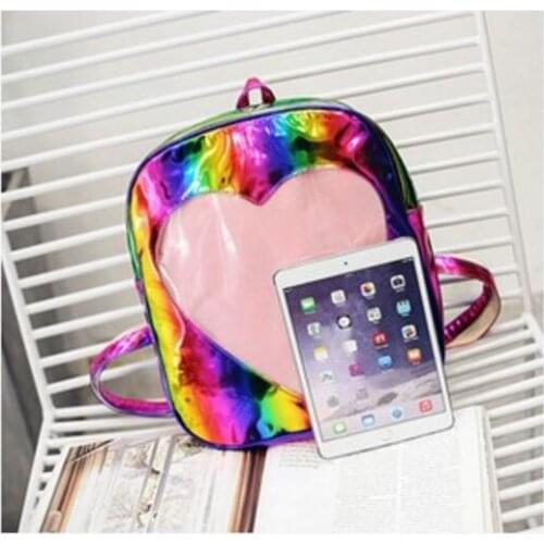 Fedex 10 pieces transparent heart shape hologram backpack laser daypack schoolbag female silver pu leather holographic bag