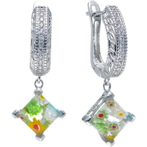 RIVERSTONE Lady Summer Murano Glass Handmade Millefiori Earring Rhodium Plated Hot Sale Multicolor Cluster Flower Vintage 2021