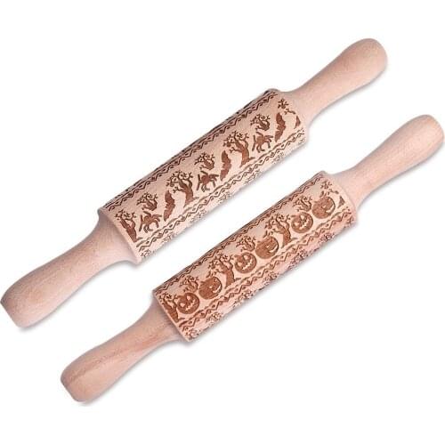 35*5cm Christmas Embossing Rolling Pin Baking Cookies Noodle Biscuit Fondant Cake Dough Engraved Roller Pumpkin Spider Pumpkin