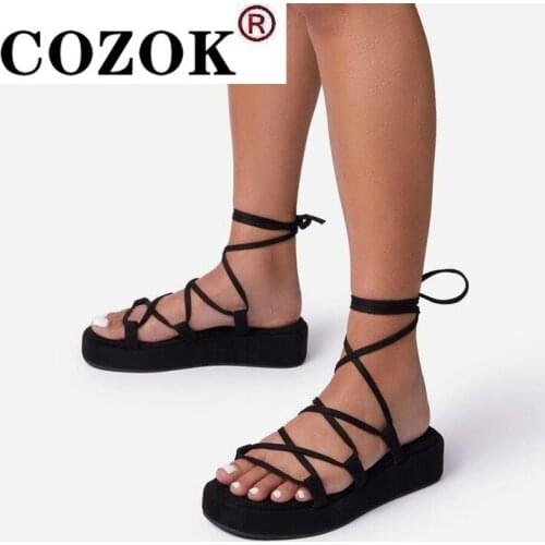 Women Ankle Tied Sandals Flat Heels Lace Up Beach Summer Platform Shoes Female Strap Causal Vacation Open Toe Slipper Size 43
