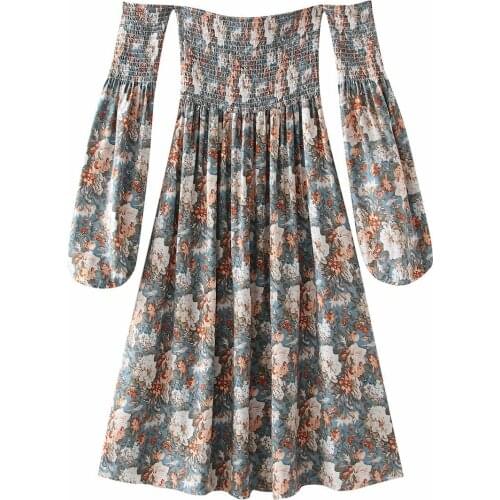 Sexy Flower Print Dresses for Women Long Sleeve Strapless Off Shoulder Waist Slash neck Dresses