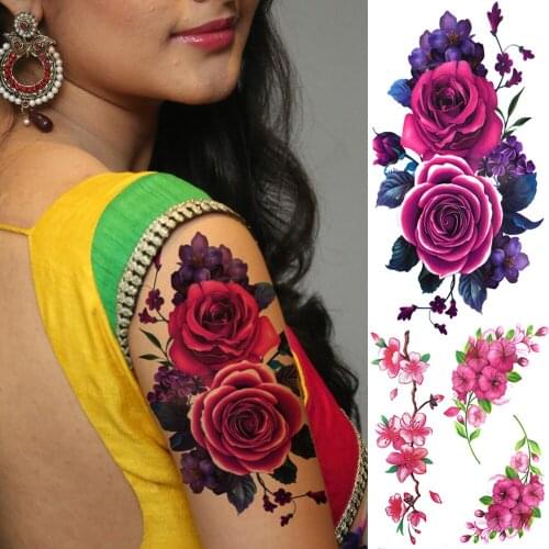 Purple Rose Flower Temporary Tattoos For Women Adults 3D Watercolour Orchid Anemone Peony Tattoo Sticker Fake Arm Tatoos ArmBand