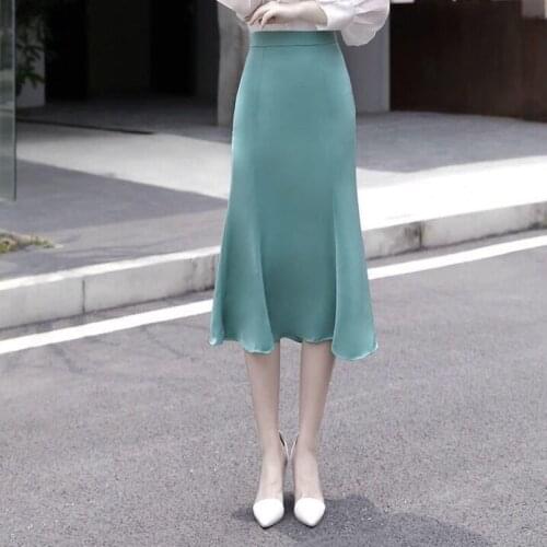 Summer Silk Midi Skirts Womens Korean England Style Solid Satin Office Lady Simple Solid Skirts Black Plus Size