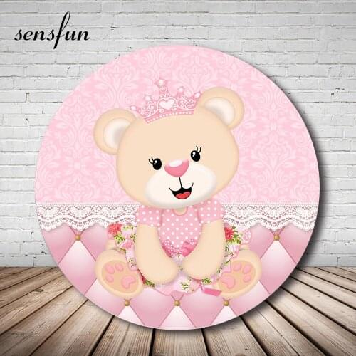Sensfun Pink Theme Round Circle Photography Backgrounds Girls Cartoon Bear Crown Lace 1st Birthday Party Newborn Backdrops