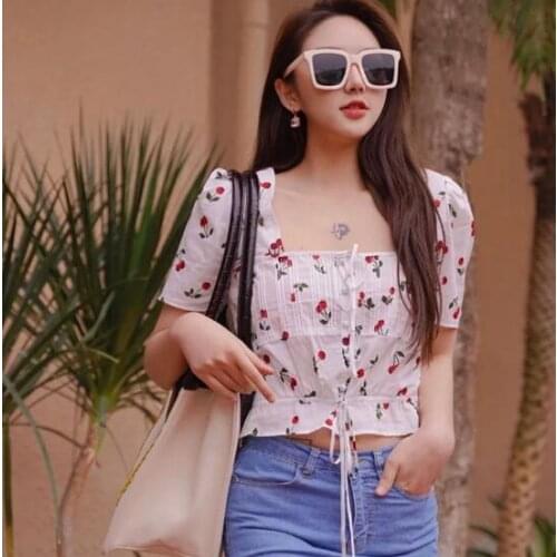 HFF Tk 2021 Slim Spring Summer French Retro Square Collar Cherry Print Folds Short Sleeve Shirt Top Girl T-shirt Women Sexy