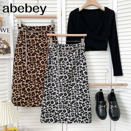 Fashion versatile Leopard Print Skirt high waist casual mid-length A-line split Skirt with chain belt 2021 New Summer Women