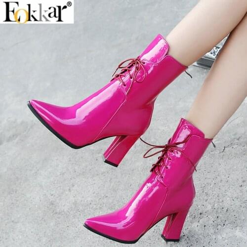Eokkar 2021 Women Ankle Boots Pointed Toe Square High Heel Winter Boos Patent Leather Pink Ladies Elegant Boots Sexy Party Shoes