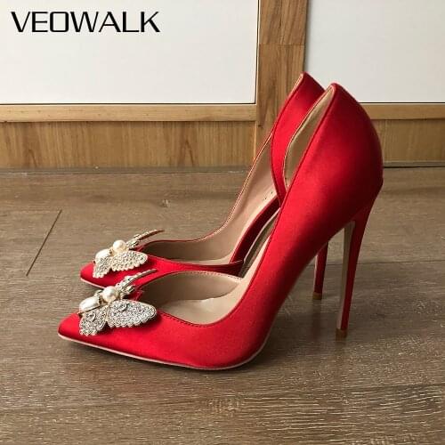 Veowalk Women Silk Satin D'Orsay High Heels Glitter Chic Pumps for Elegant Ladies Slip On Stilettos Red Wedding Bridal Shoes