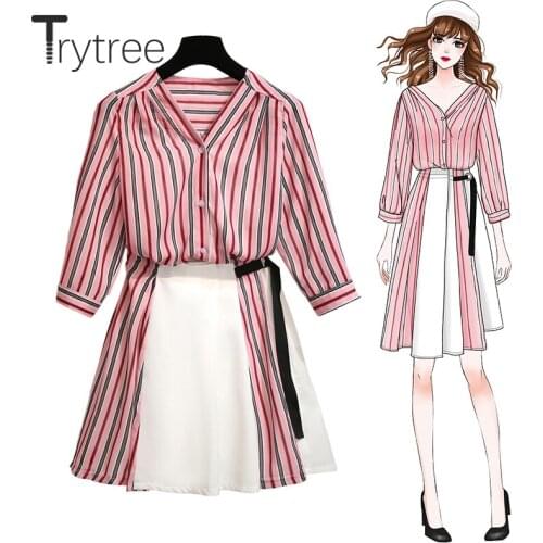 Trytree Summer Women Striped two piece set Casual V-neck Single Breasted Blouse + Skirt A-line Sashes Mini Suit Set 2 Piece Set