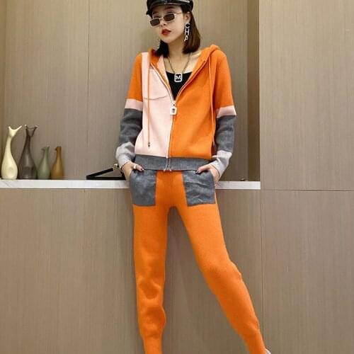 Fashion Color block Hooded Knit Suits Autumn 2021 Women Long sleeve Knitted Cardigan Long Pencil Pants Casual Tracksuit Outfits