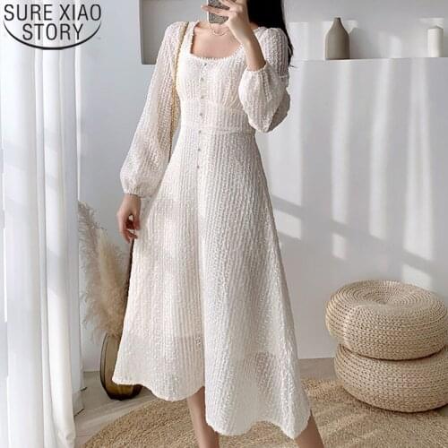 Vintage Long Dress French Square Collar Puff Sleeve Dresses Women High Waist Apricot Dress with Zipper Sweet Vestidos 12917