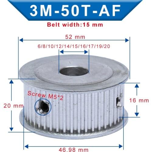 Timing Pulley 3M50T Bore 6/8/10/12/14/15/16/17/19/20 mm Aluminum Belt Pulley Slot Width 16 mm For 3M-Timing belt Width 15 mm