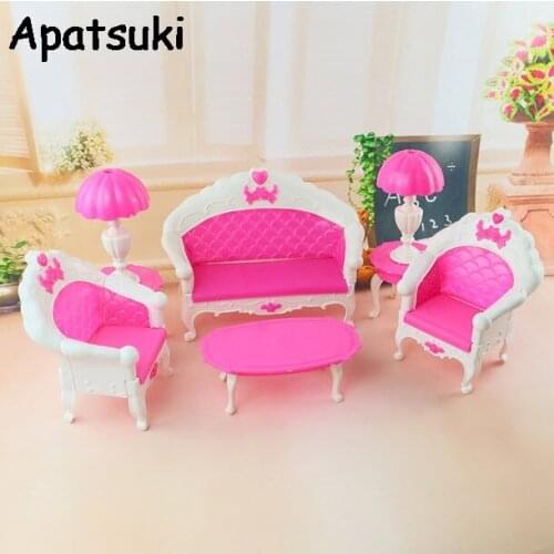 1/6 Dollhouse Furnitures Plastic Vintage Sofa For Barbie Doll Couch Desk Lamp For Monster High 6 Items/Set Girl Birthday Gift