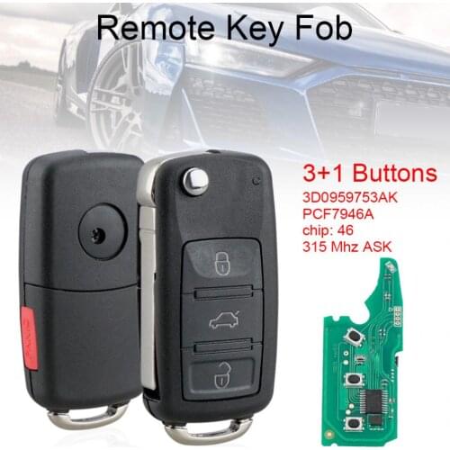 3 +1 Buttons 315/433MHz ASK Flip Remote Key Fob with ID46 Chip 3D0959753AK Fit for VW Volkswagen Phaeton 2002-2010