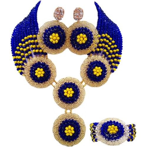 ACZUV Royal Blue Yellow African Beads Costume Necklace Nigerian Wedding Jewelry Sets 10C-4PH009