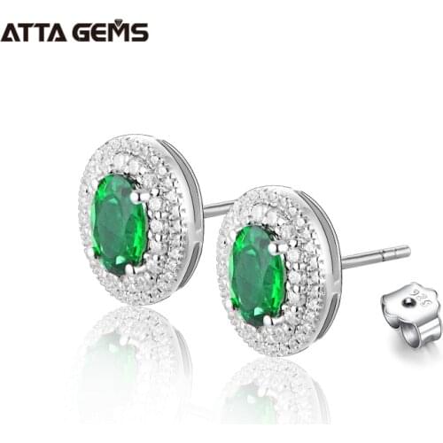 ATTAGEMS 100% 925 Sterling Silver White rhodium plating Emerald Moissanite Diamonds Gemstone Earrings Ear Studs Fine Jewelry