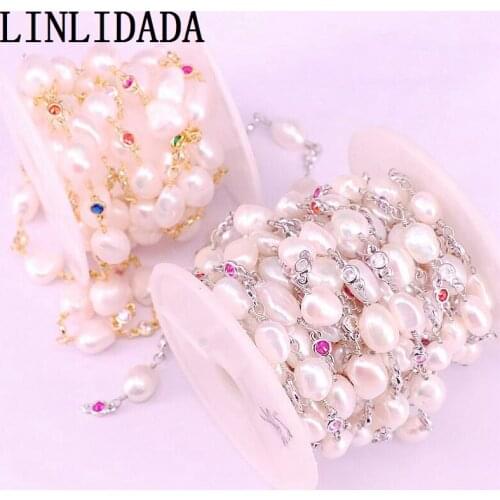 3 Metre Silver / Gold Plated Connectors Irregular Pearl Beads Chains,Natural Pearl Beaded Cubic Zircon Rosary Chains Findings