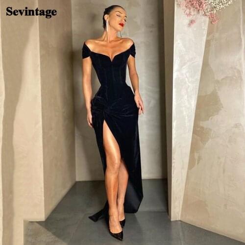 Sevintage Black Mermaid Velvet Prom Dresses Sexy Pleats High Slit Evening Dress Cap Sleeves Princess Party Gowns Customize