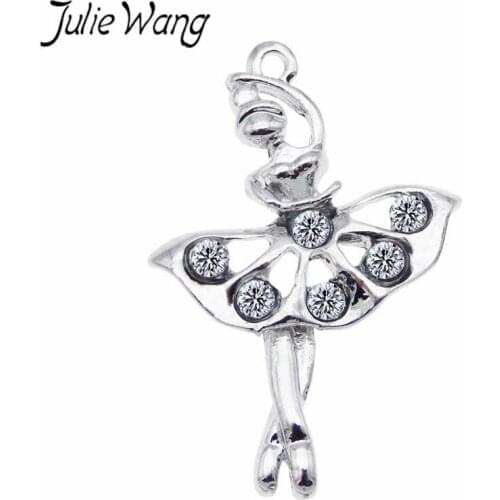 Julie Wang 5PCS Ballet Girls Dancing Charms With Rhinestones Alloy White K Necklace Pendant Bracelet Jewelry Making Accessory