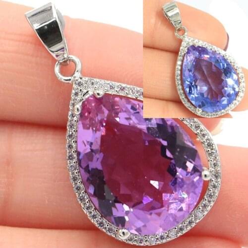 32x19mm SheCrown Water Drop 20x15mm Gemstone Created Color Changing Alexandrite & Topaz White CZ Gift For Ladies Silver Pendant