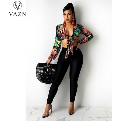 VAZN 2021 Summer Print Hip Pop High Street Style Shinny V-neck Full Sleeve Sport Clothing Shirts Women Top