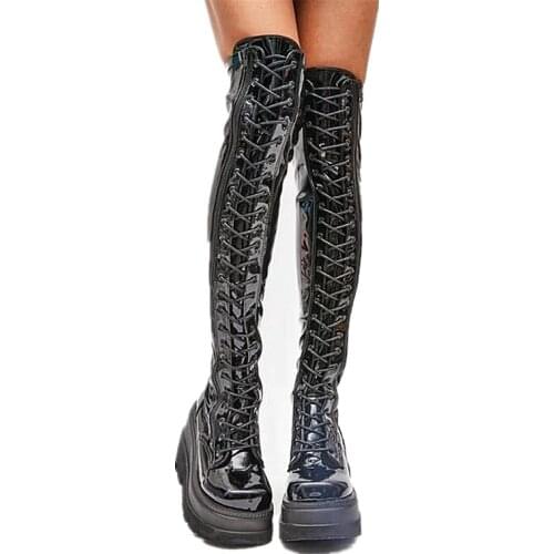 MKKHOU Fashion Over-the-knee Boots Womens New Winter Boots Black Patent Leather Cross Straps Skinny Stretch Thick-soled Boots