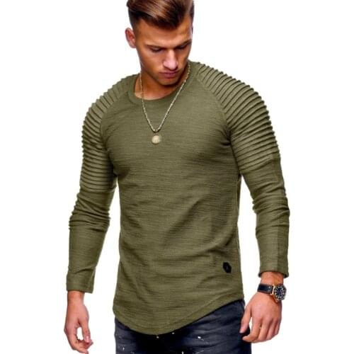 Europe America Fashion Clothing Men Monochrome Sleeves Pleated Detail Long-Sleeved T-shirt Harajuku Summer Casual Slim Tees Tops