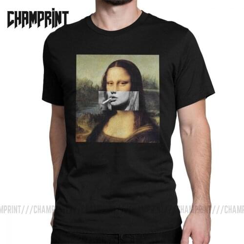Smoking Mona Lisa T Shirt Mens 100% Cotton Humor T-Shirts Crewneck Peliculas Art Meme Tees Short Sleeve Tops Plus Size