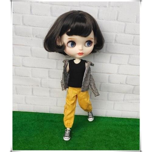 Long Sleeve Grid Shirt Coat Doll’s Blyth Clothes Overalls Pant for 1/6 Doll Accessories(fit Blyth,Barbies,ob24,pullip,1/6 Doll