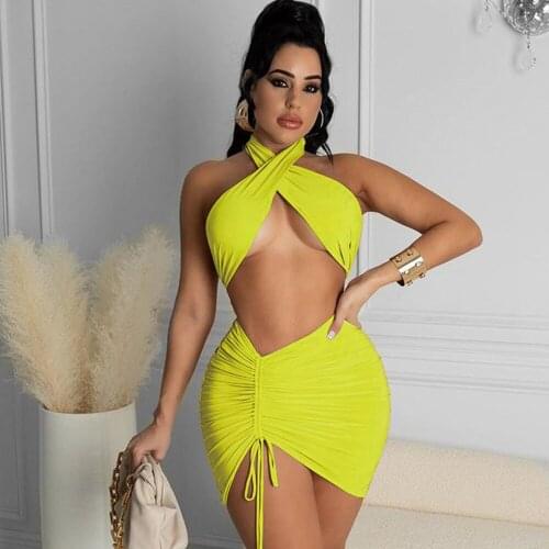Sexy Solid Bandage Two Piece Skirt Set Womens Outfits Criss Cross Halter Backless Crop Top+ruched Drawstring Mini Skirt 2021