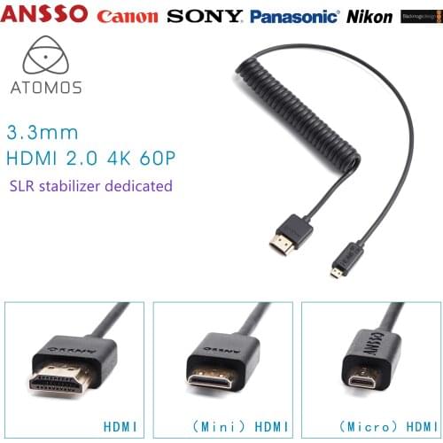 Ansso SLR stabilizer special cable Ultra Slim light soft HDMI-compatible spring line Mini Micro 4K60P stretch Coiled Atomos