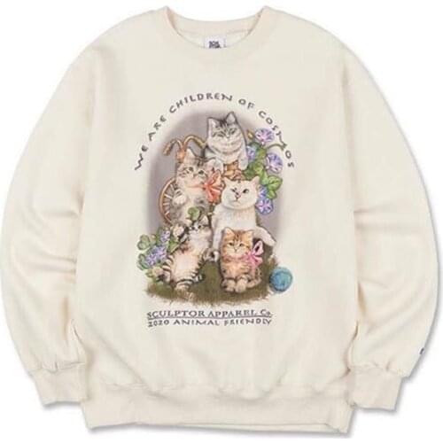 2020 Winter Fashion Cat Sweatshirt Women Lovely Kitty Printed Long Sleeve Thick Fleece Pullover Casual Oversize Retro Hoodie