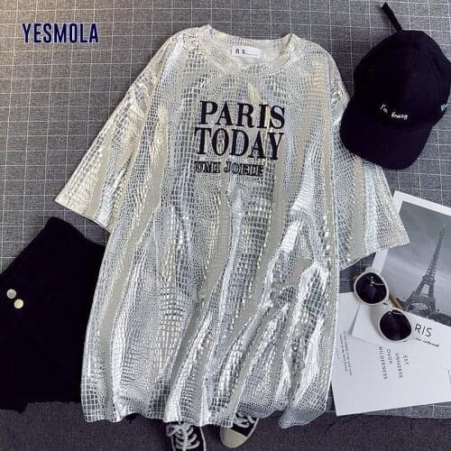 YESMOLA Summer Ladies Shiny T-shirt PARIS TODAY Womens Sexy Hip Hop Stylish Bright Tshirt Street Short Sleeve Oversize Top