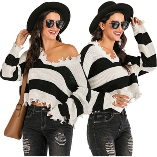 2021 Autumn and Winter Womens Jacket Outer Model Real Shot V-Neck Brushed Black and White Striped Sweater