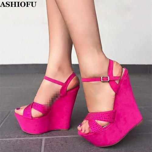 ASHIOFU Handmade Women Wadge Heel Sandals Crystals Party Prom Platform Shoes Large Size Buckle Strap Fashion Sandals Shoes